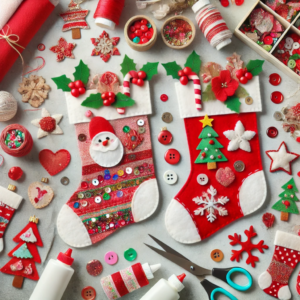 A DIY Christmas craft for kids featuring felt Christmas stockings made from red and white felt sheets, decorated with sequins, buttons, and other embellishments. This scene captures a joyful and creative holiday crafting activity perfect for children.