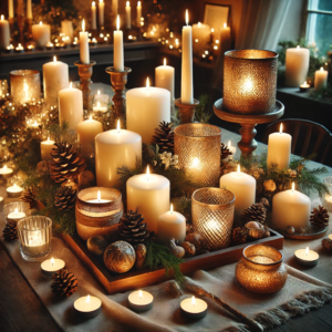 A DIY table decor scene with candles that create an ambiance of warmth. The scene showcases various candles in different shapes and sizes, arranged elegantly with natural elements like pinecones and greenery, enhancing the cozy and intimate atmosphere.