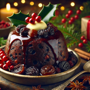 An image of a beautifully arranged Christmas pudding dessert. It captures the essence of a rich and fruity Christmas pudding topped with a melting dollop of brandy butter, surrounded by festive decorations.