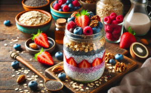 An image of overnight oats with chia seeds and berries. 