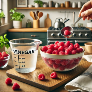 An image showcasing the method of using a vinegar wash to extend the freshness of raspberries. It captures the process of gently washing raspberries in a vinegar and water mixture, set in a modern kitchen environment.