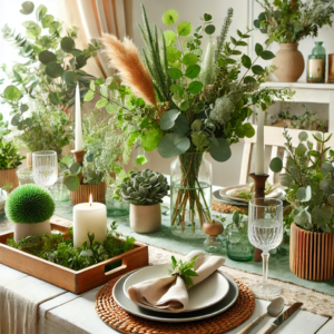 A DIY table decor scene with faux greenery, providing a fresh and vibrant look year-round. The scene includes a variety of faux greenery like eucalyptus, ferns, and ivy, beautifully arranged with candles, wooden trays, and elegant dinnerware, creating a serene and natural atmosphere.