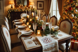 An image of a beautifully set Christmas dining table featuring monogrammed linens, such as napkins and tablecloths, custom embroidered with family initials. This setting adds a sophisticated and personal touch to your festive table, creating a warm and intimate atmosphere for a memorable holiday gathering.