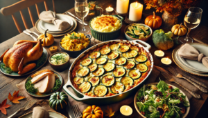 An image of a beautifully set Thanksgiving dinner table featuring low-carb dishes