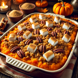 An image of a sweet potato casserole with pecan streusel, topped with toasted marshmallows. The vibrant sweet potato mash, combined with the crunchy pecan streusel and melted marshmallows, creates a visually delicious and festive dish, perfect for a cozy autumn or Thanksgiving setting!