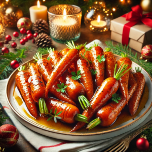 An image of the Maple-Glazed Roasted Carrots for a delightful Christmas dish is ready! It showcases a beautifully festive setting that captures the essence of a cozy holiday gathering.