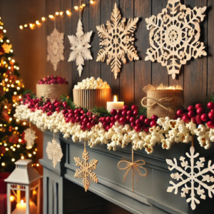 DIY Christmas crafts featuring a popcorn and cranberry garland along with paper snowflake garlands. The scene displays the handcrafted garlands elegantly draped across a fireplace mantel, set against a cozy and festive living room backdrop.