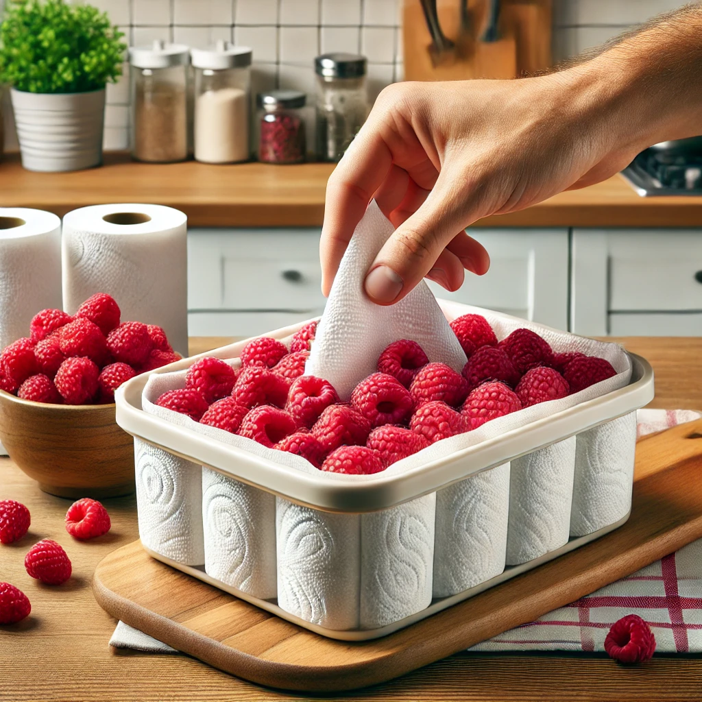 A tested method of raspberry storage using paper towels. It shows a container lined with paper towels, filled with fresh raspberries, and a hand gently placing a paper towel over the berries to help absorb moisture.