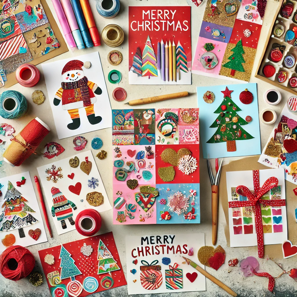 A DIY Christmas craft for kids featuring Christmas card collages. The scene is filled with blank cards and a variety of decorating supplies, creating a vibrant and imaginative holiday crafting activity for children to make unique and personalized Christmas cards.