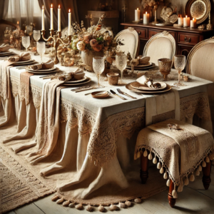 An elegant DIY table decor scene with layered tablecloths and runners. The scene features a richly textured tablecloth with a coordinating runner, complemented by elegant dinnerware, candles, flower arrangements, and vintage cutlery, creating a luxurious and sophisticated ambiance.