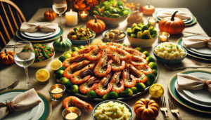 An image of a beautifully arranged Thanksgiving dinner table featuring low-carb dishes