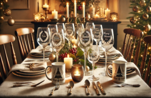 An image of a beautifully set Christmas dining table featuring personalized glassware, such as wine glasses etched with your family name or initials, and custom mugs. This arrangement adds a refined and unique touch to your holiday table setting, enhancing the festive atmosphere with elegance and warmth.