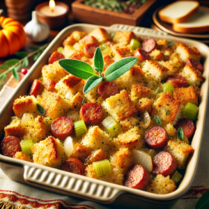 An image of classic stuffing with sausage and sage. The golden-brown stuffing, filled with bread cubes, chunks of sausage, and fresh herbs, creates a deliciously festive and cozy presentation, perfect for a Thanksgiving table.