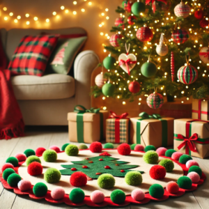 DIY Christmas crafts featuring a no-sew felt and pom-pom tree skirt. The beautifully crafted tree skirt, adorned with colorful pom-poms, is placed under a decorated Christmas tree in a cozy living room setting.