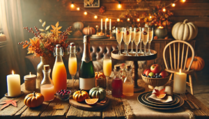 the image showcasing a cozy Thanksgiving party scene with a DIY mimosa bar setup. The setup features a rustic wooden table adorned with autumnal decorations, bottles of sparkling wine, a variety of juices in elegant carafes, and fruit garnishes.