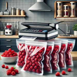 . A tested method of raspberry storage using vacuum sealing for maximum freshness. It features a vacuum sealing machine on a kitchen counter with sealed bags of vibrant raspberries, perfectly illustrating the method for keeping them fresh.