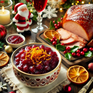 An image of a Christmas food scene that showcases a delightful recipe featuring cranberry sauce with orange zest served alongside rich roast meats.