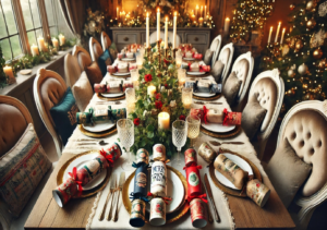 An image of a beautifully set Christmas dining table featuring homemade Christmas crackers that match the dinner theme or reflect the personality of each guest. Each cracker is uniquely decorated and adds a personal and fun touch to the festive setting, creating a warm and inviting atmosphere for a memorable holiday gathering.