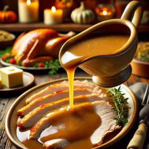 An image of gravy made from scratch with pan drippings. The rich, golden-brown gravy, with its velvety consistency, is being poured over sliced turkey, creating a warm and inviting scene perfect for a Thanksgiving meal