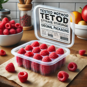 A tested method of raspberry storage using original packaging. It showcases a plastic clamshell container filled with fresh raspberries, partially open to show the ventilation design.