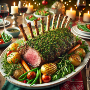 An image of a Christmas food recipe featuring a herb-crusted rack of lamb that will surely delight your holiday gatherings.