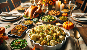 An image of a beautifully arranged Thanksgiving dinner table featuring low-carb dishes