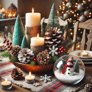 DIY Christmas crafts featuring a pinecone and candle centerpiece along with a glass bowl snow scene. The arrangement captures the festive spirit with its rustic elegance and whimsical winter elements, set on a cozy dining table.