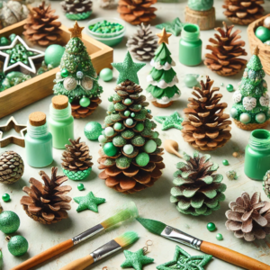 A DIY Christmas craft for kids featuring pinecone Christmas trees. The scene showcases green-painted pinecones drying on a table, surrounded by various crafting supplies like paintbrushes, beads, glitter, and mini stars for decoration.