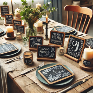 A DIY table decor scene using chalkboards for personalized decor. The scene showcases small chalkboard signs as place cards, menu boards, and table numbers, creatively written or drawn on with chalk, surrounded by candles, greenery, and simple tableware.