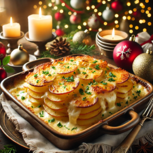 An image of a delicious Christmas food recipe featuring scalloped potatoes with Gruyère, perfect for delighting your holiday gatherings! Enjoy the festive and appetizing ambiance.