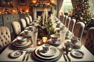 An the image of a stunning Christmas dining table setting with a personal touch, featuring layered tableware with mixed and matched china, and customized charger plates with festive messages or your family motto. This unique and meaningful arrangement adds depth, character, and warmth to your festive gathering, creating a memorable holiday atmosphere.