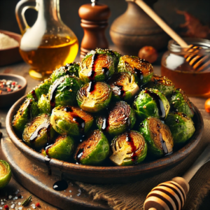 The image of roasted Brussels sprouts with balsamic glaze. The perfectly roasted Brussels sprouts, with a golden-brown char and a rich balsamic glaze drizzle, look appetizing and are beautifully presented in a rustic setting. This dish captures the essence of a delicious and cozy meal.