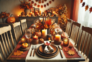 An image showcasing a cozy Thanksgiving table setting with DIY decorations in rich fall colors like burnt orange, deep reds, and golds. The scene includes rustic tableware, autumn-themed designs, and a warm, inviting ambiance created by candles and complementary decor elements.