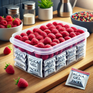 A tested method of raspberry storage using silica gel packs. It features a clear container filled with fresh raspberries, with silica gel packs inside to absorb moisture. 