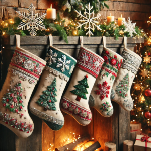 DIY Christmas crafts featuring embroidered and sequin stockings. The handmade stockings, decorated with intricate embroidery and shimmering sequins, hang beautifully on a rustic mantel in a cozy, festive setting.