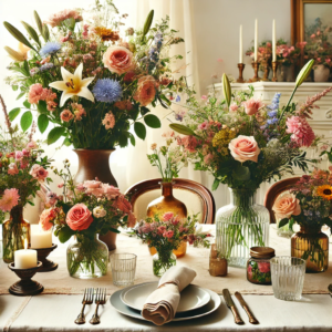 A DIY table decor scene featuring fresh flowers for a timeless appeal. The table is beautifully adorned with an array of fresh flower arrangements in elegant vases, complemented by simple tableware and candles, creating a vibrant and classic ambiance.