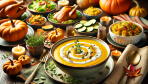 An image of a beautifully arranged Thanksgiving dinner table featuring low-carb dishes