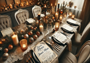 An image of a beautifully set Christmas dining table featuring a personal touch with handwritten menus. The setting showcases a combination of elegant calligraphy menus, charming handwritten menus on rustic kraft paper, and creative chalkboard menus, each adding a unique and festive element to the holiday gathering. This arrangement creates a warm and inviting atmosphere, perfect for a memorable Christmas dinner.