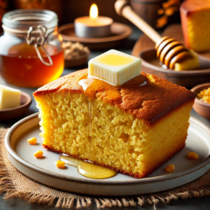 The image of cornbread with honey butter. The golden-brown cornbread, with its slightly crispy top and soft interior, topped with a melting dollop of creamy honey butter, is beautifully presented in a warm and cozy kitchen setting.