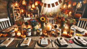 An image depicting a cozy Thanksgiving party scene with DIY decorations using repurposed items like old mason jars as vases and candle holders. The setting is beautifully enhanced with autumn flowers, tea lights, small pumpkins, pinecones, and colorful leaves, creating a warm and inviting atmosphere.