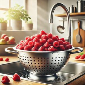 A tested method of raspberry storage using a colander. It shows a metal colander filled with fresh raspberries, positioned to allow water to drain, set in a bright and inviting kitchen environment.