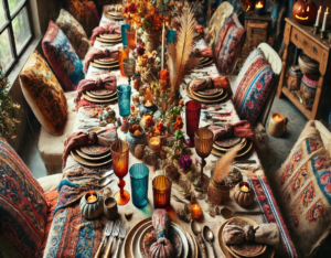 A Boho-style Thanksgiving dining table featuring colorful textiles, layered table linens, vintage glassware, and feather and floral accents. This setting captures the relaxed and artistic vibe perfect for a bohemian Thanksgiving celebration. Enjoy the visual inspiration!