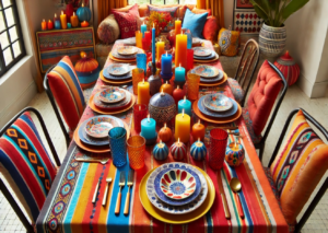 A Thanksgiving dining table setting with a pop of color. It features bright table linens, mix-and-match plates, and colorful candles, creating a lively and modern atmosphere perfect for a vibrant Thanksgiving celebration. 