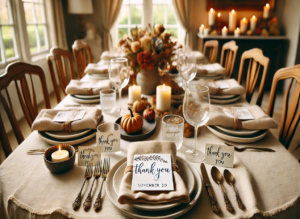 A Thanksgiving dining table setting with personalized touches. It features napkin rings with guests' names, personalized place cards, and small thank-you notes, creating a warm and intimate atmosphere perfect for a heartfelt Thanksgiving celebration. 