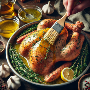 A Thanksgiving turkey being marinated with a rich blend of butter or olive oil, lemon juice, vinegar, and fresh herbs like rosemary, thyme, and garlic. This visual beautifully illustrates the process of injecting flavor and moisture to create a moist and delicious turkey for your Thanksgiving feast. 