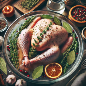 A Thanksgiving turkey in a brine solution, surrounded by fresh herbs and spices. These visual captures the essence of preparing a moist and delicious turkey for your Thanksgiving meal. 