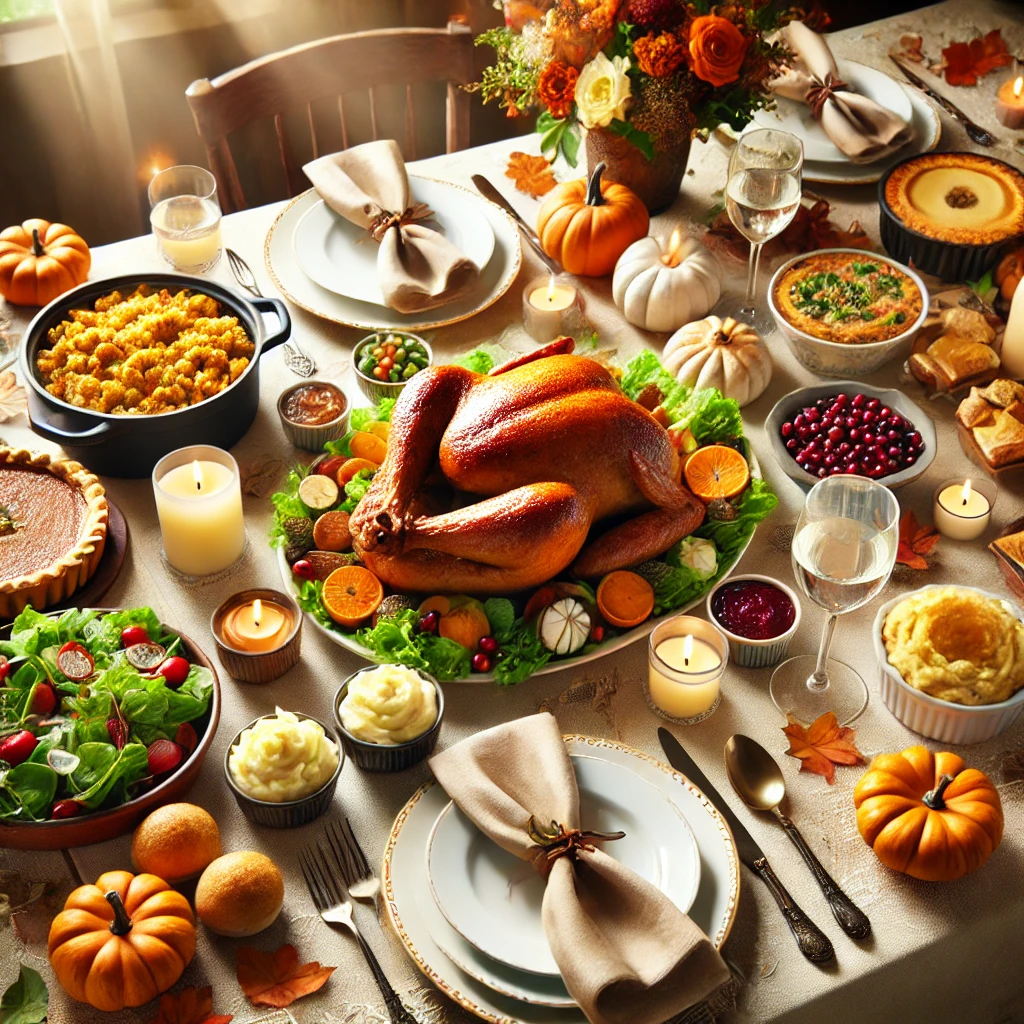 A beautifully set Thanksgiving table with a variety of easy-made dishes