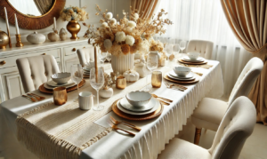 A classic and elegant Thanksgiving dining table with white and gold accents, textured layers, and minimal floral arrangements has been generated. 