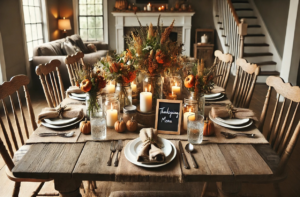  A farmhouse-style Thanksgiving dining table, complete with mason jars filled with seasonal flowers, rustic napkin holders, and a menu on a small chalkboard, has been created. 