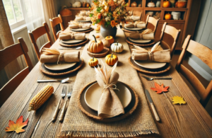 A harvest-themed Thanksgiving dining table decor. It features burlap table runners, twine-wrapped napkins, and unique corn husk and pumpkin place cards, creating a warm and rustic atmosphere perfect for a Thanksgiving celebration.